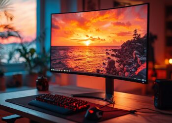Sunset over ocean displayed on modern curved monitor in cozy workspace with plants