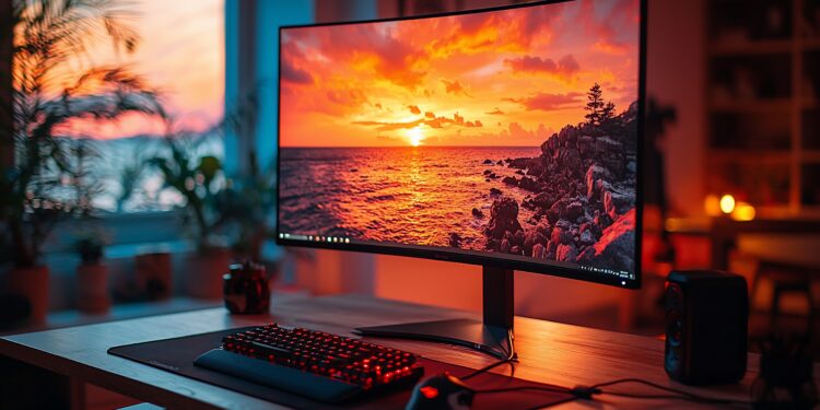 Sunset over ocean displayed on modern curved monitor in cozy workspace with plants
