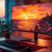 Sunset over ocean displayed on modern curved monitor in cozy workspace with plants